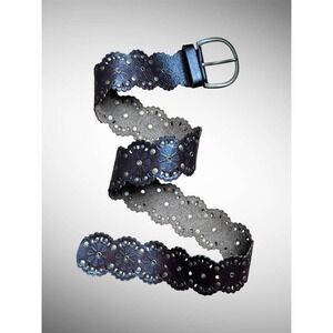 Boho Brown Leather Studded Scalloped Wide Belt Moroccan Festival 48"